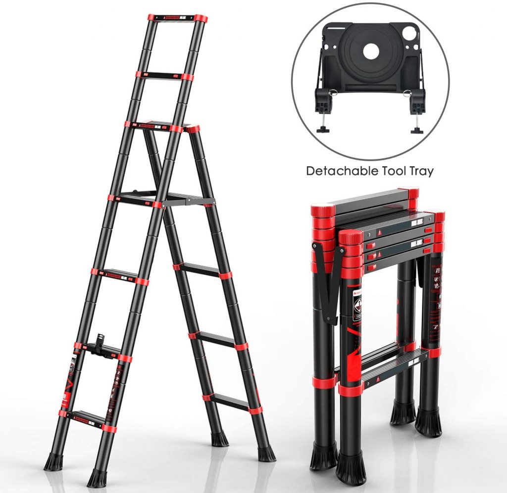 5. CharaHOME Telescoping Ladder A Frame Aluminum Extension Ladder Lightweight Portable Multi Purpose Folding Ladder With Detachable Tool Tray 330 Pound Load Capacity 1024x997 